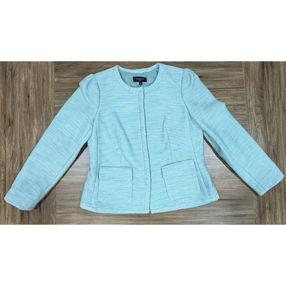 Talbots Turquoise Blue Tweed Jacket Blazer 12 Snap Front Collarless Flap Pockets